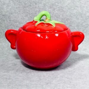 Vintage The Pantry Parade Tomato Red Sugar Bowl & Lid Dish + Handles 1940s‎ USA